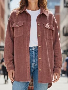 Chic Long Corduroy Button Up Burgundy Long Jacket Size XXL